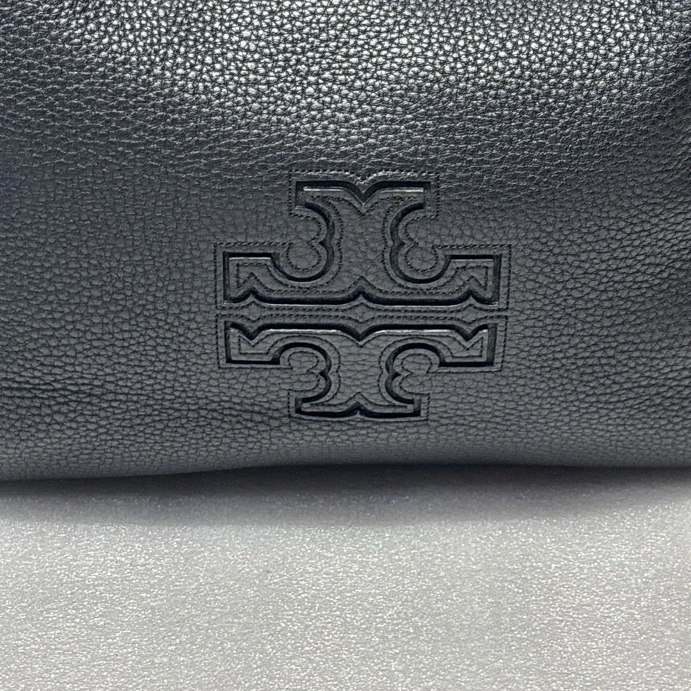 Tory Burch Harper Tote Bag Black Excellent Pebbled Leather Gold Chain Logo